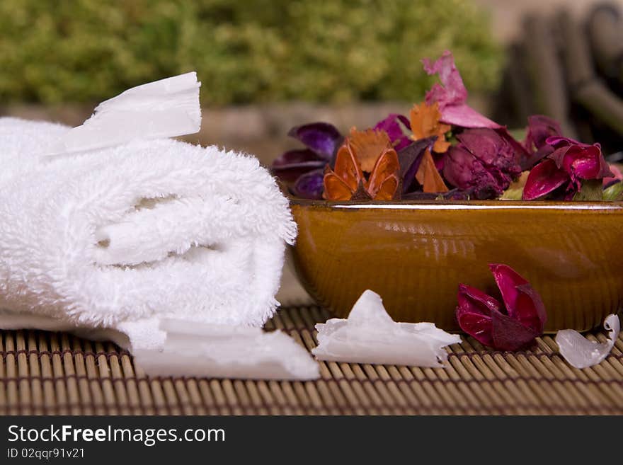 Spa items on bamboo mat