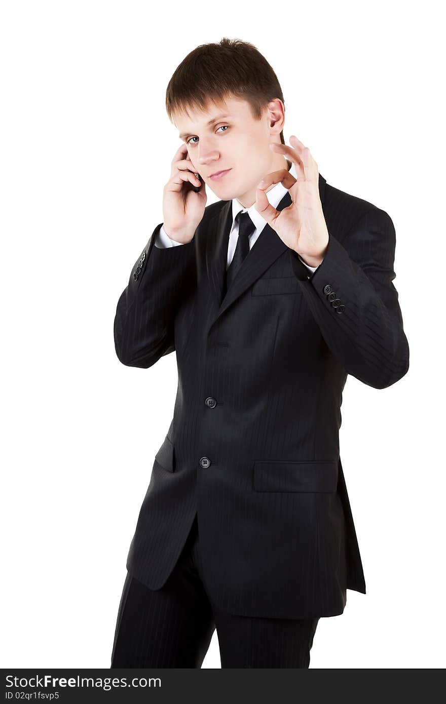 Young business man make OK with phone on white background