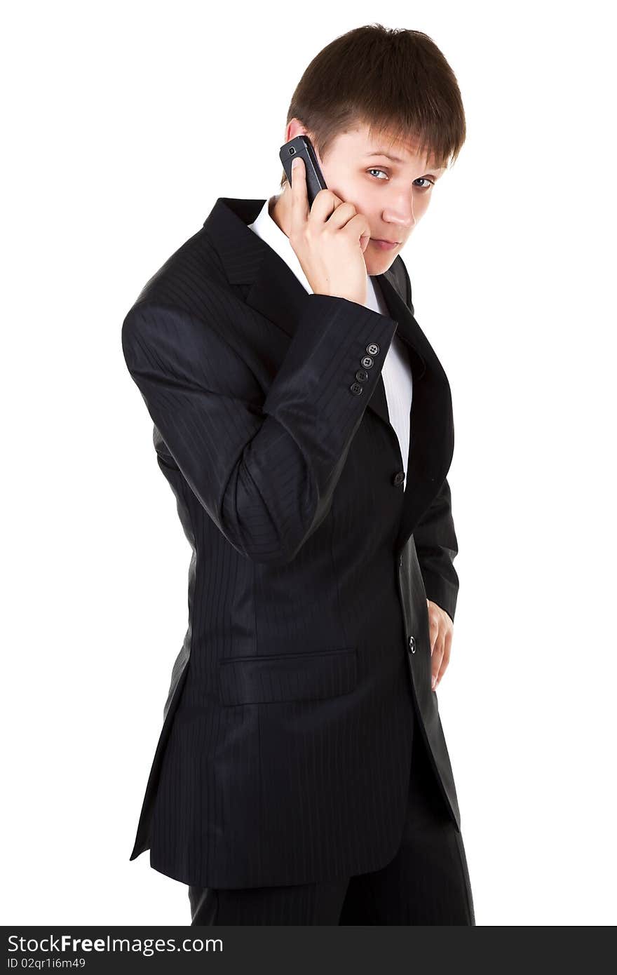 Young business man talking mobile phone on white background