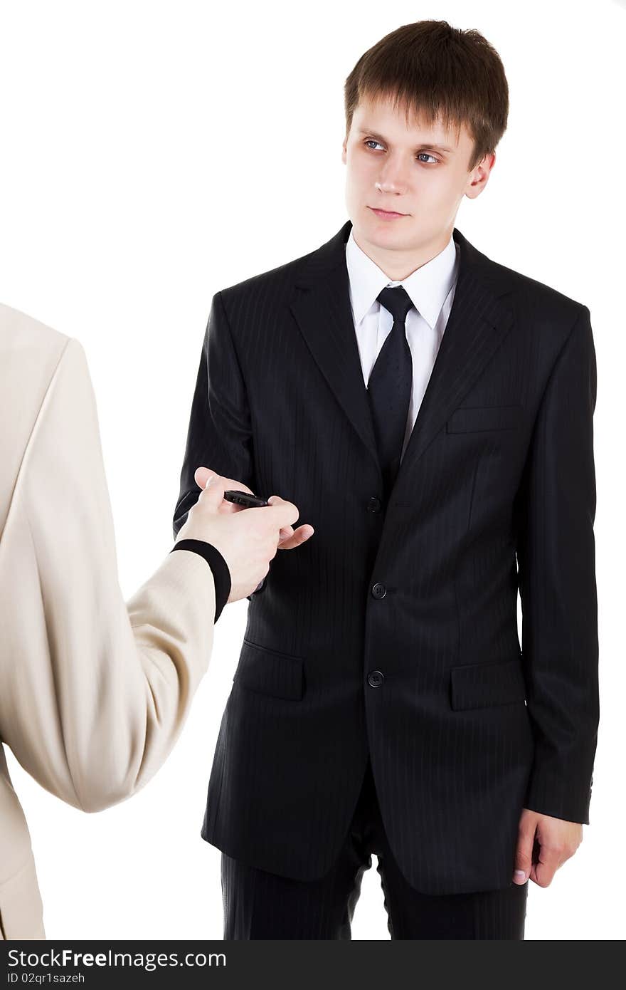 Young business man take mobile phone on white background