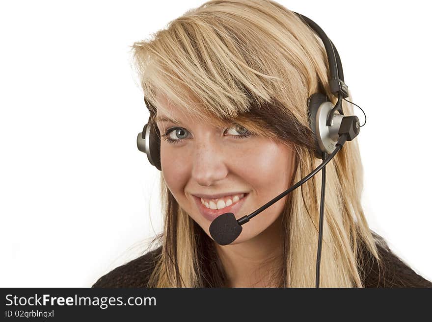 Beautiful young woman with headset isolated on white background. Beautiful young woman with headset isolated on white background