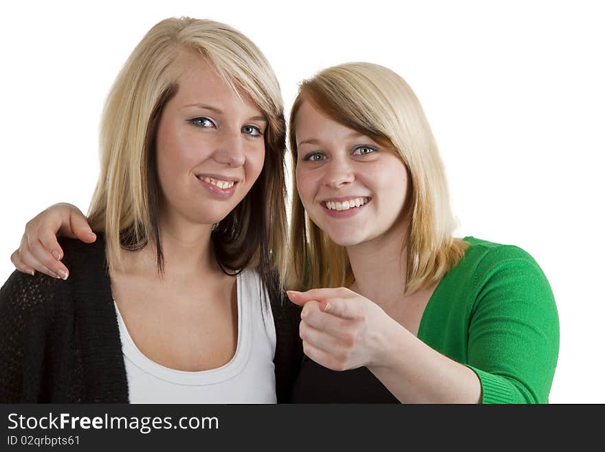 Blond  haired girls gossip isolated over white background