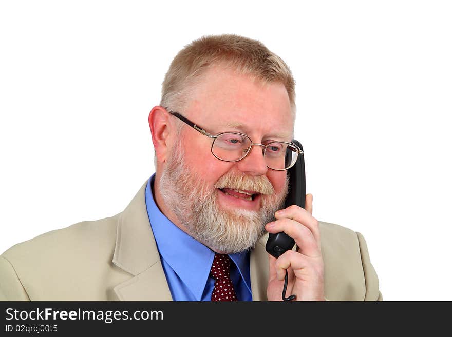 Businessman calling on aphone, white background. Shot in studio.