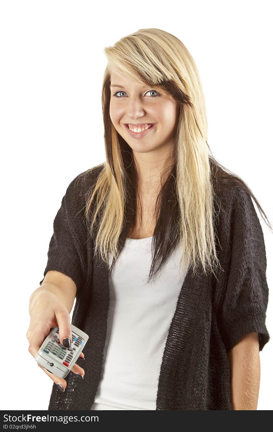 Young woman with remote controll isolated on white background. Young woman with remote controll isolated on white background