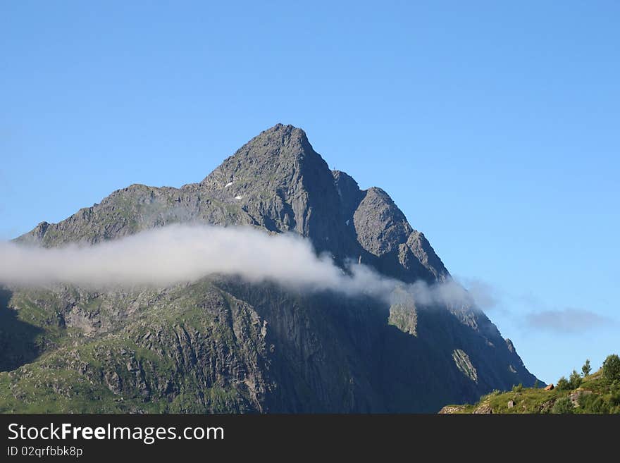 The himmeltinden mountain seen from the fjord of Tangstad in  Lofoten islands,. The himmeltinden mountain seen from the fjord of Tangstad in  Lofoten islands,