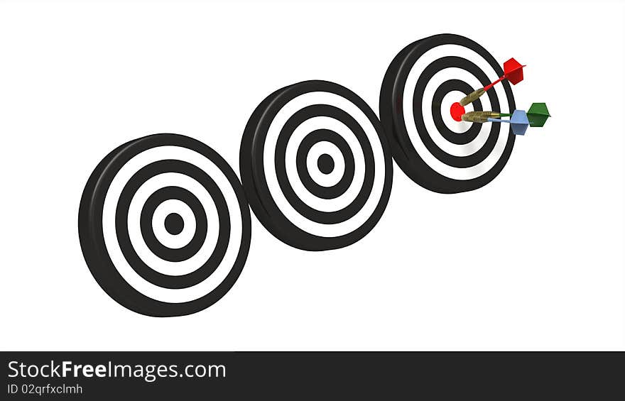 Dart on bull's eye of a third dartboard isolated on white. Dart on bull's eye of a third dartboard isolated on white