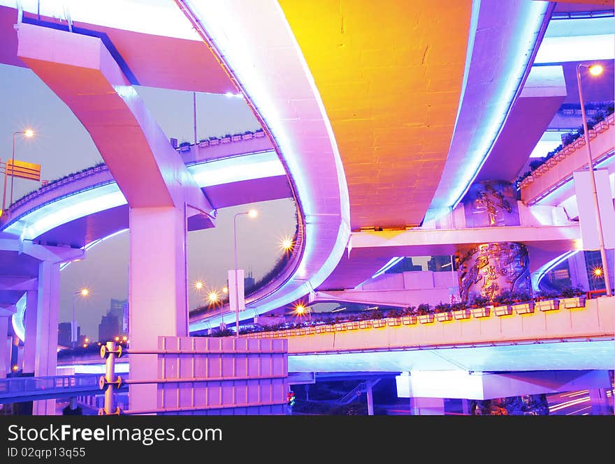 Shanghai night view of  beautiful highway viaduct