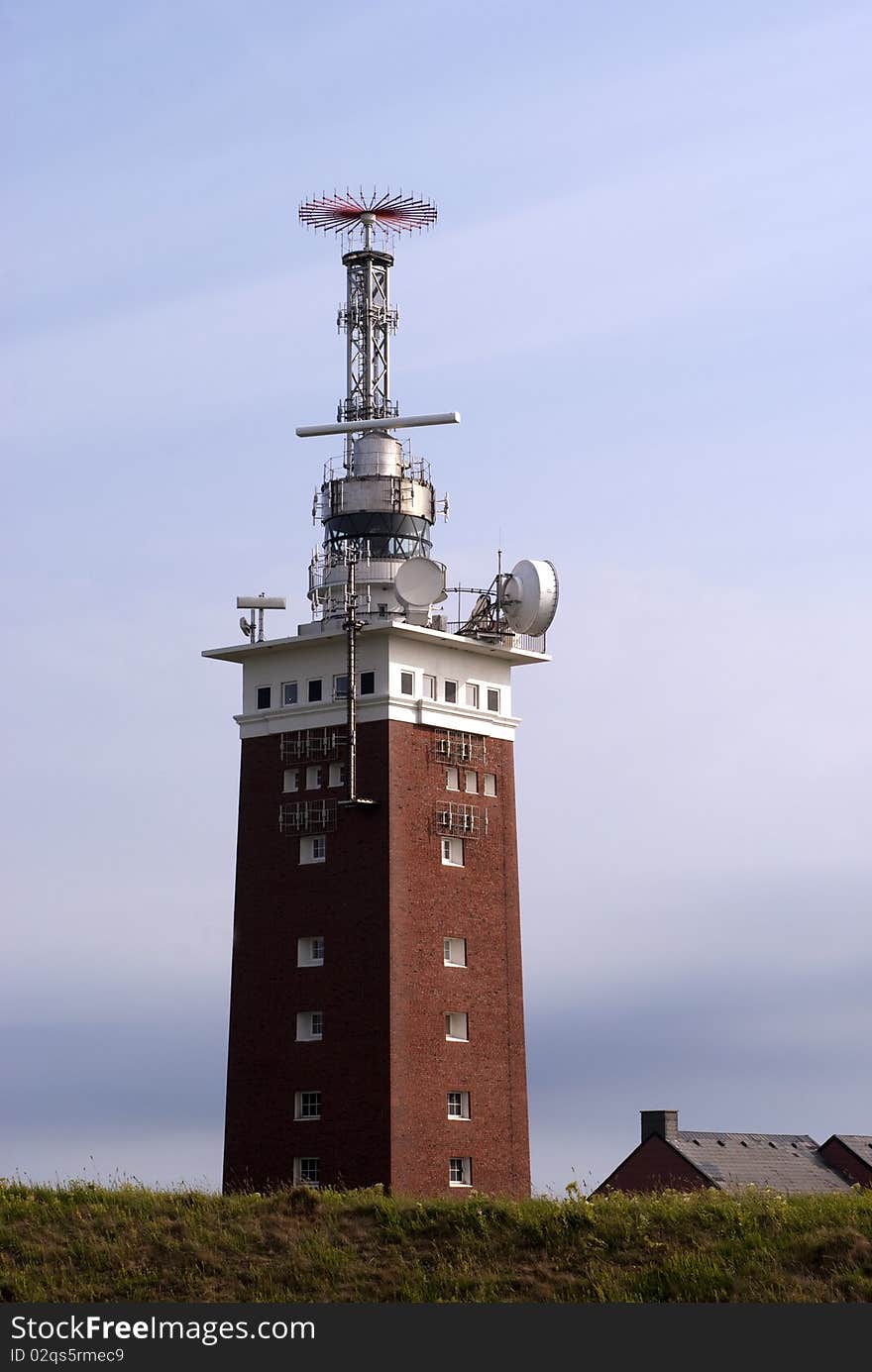 Lighthouse and communications tower on Helgoland Island in The North Sea.