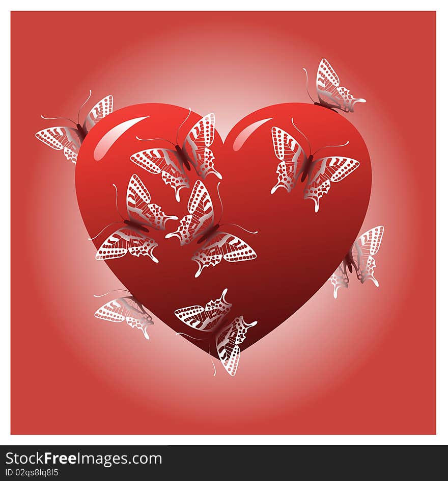 Red heart with butterflies 
. Vector Illustration