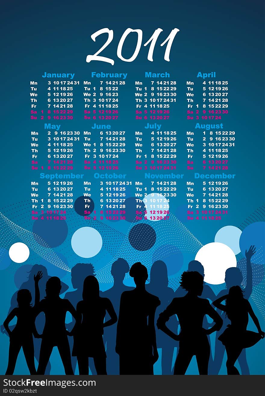 Calendar with scene silhouette people. Calendar with scene silhouette people