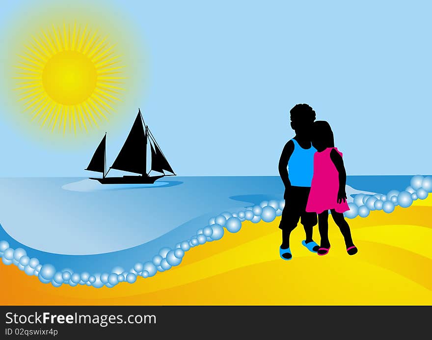 Abstract background with scene seascape. Boy and girl.