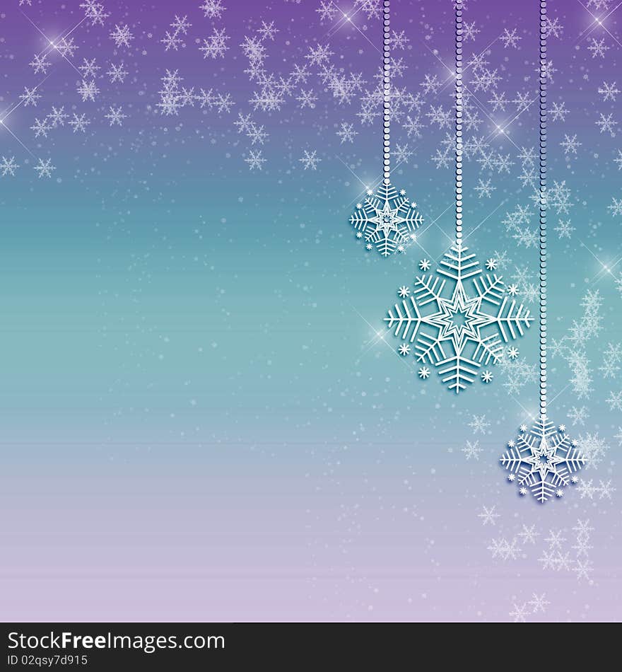 Three hanging snowflake ornaments on blue and purple background. Three hanging snowflake ornaments on blue and purple background