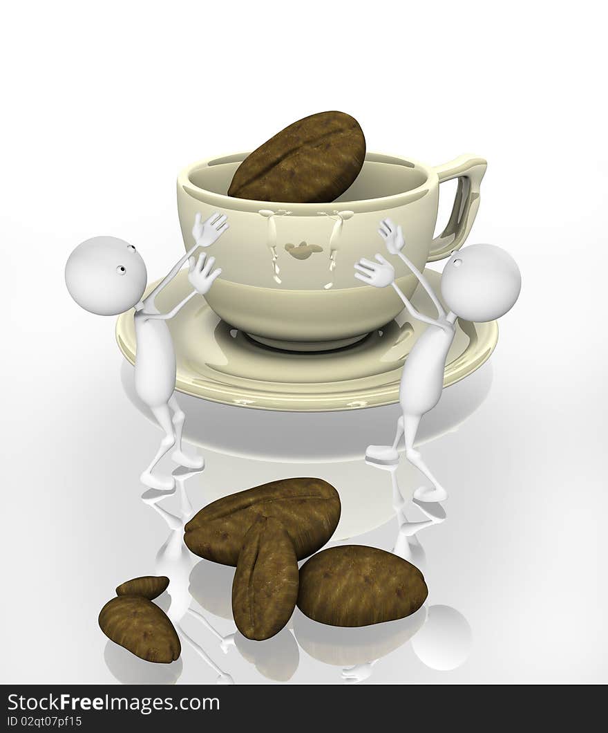 3d people and cook coffee. Coffee beans are thrown into the cup.