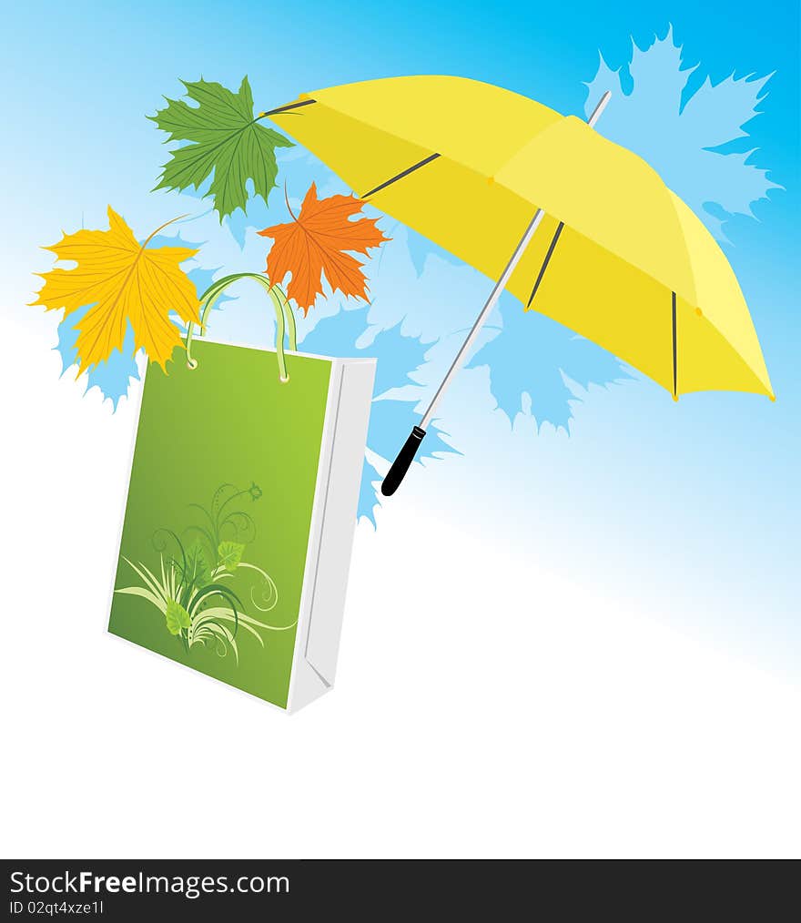 Yellow umbrella with package and maple leaves. Illustration