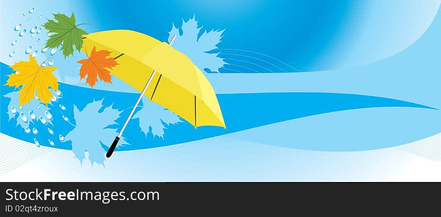 Yellow umbrella and maple leaves. Banner. Illustration