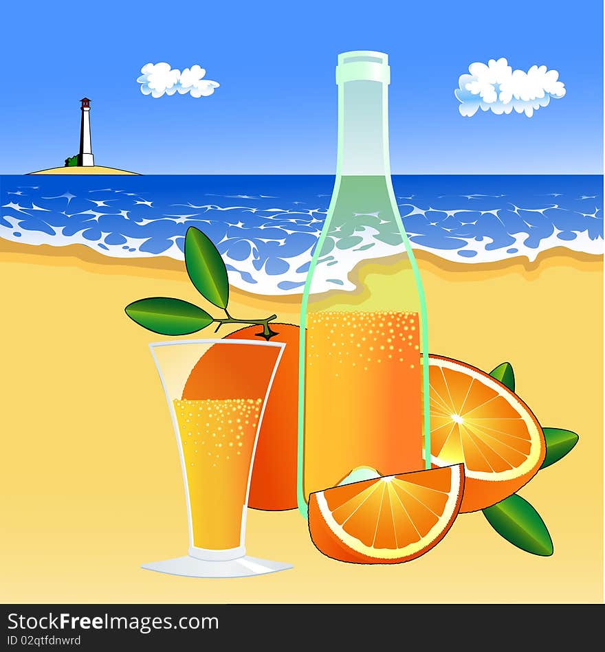 Oranges and a glass of juice on the beach