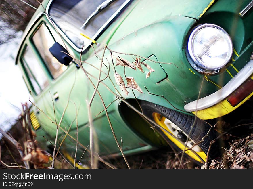 Retro Russian green car in park of Sofia city