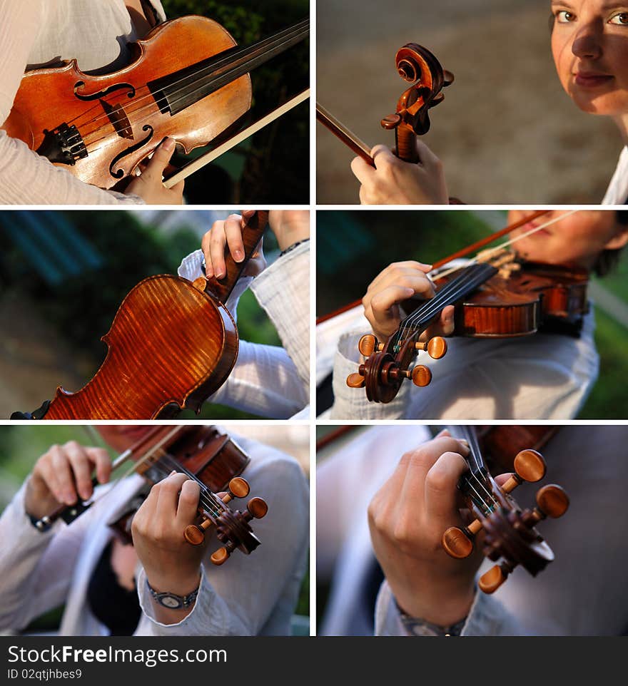 Details of a violinist playing a full-size violin with one-piece back (English/French, 19th century; mock Stradivarius). Details of a violinist playing a full-size violin with one-piece back (English/French, 19th century; mock Stradivarius)