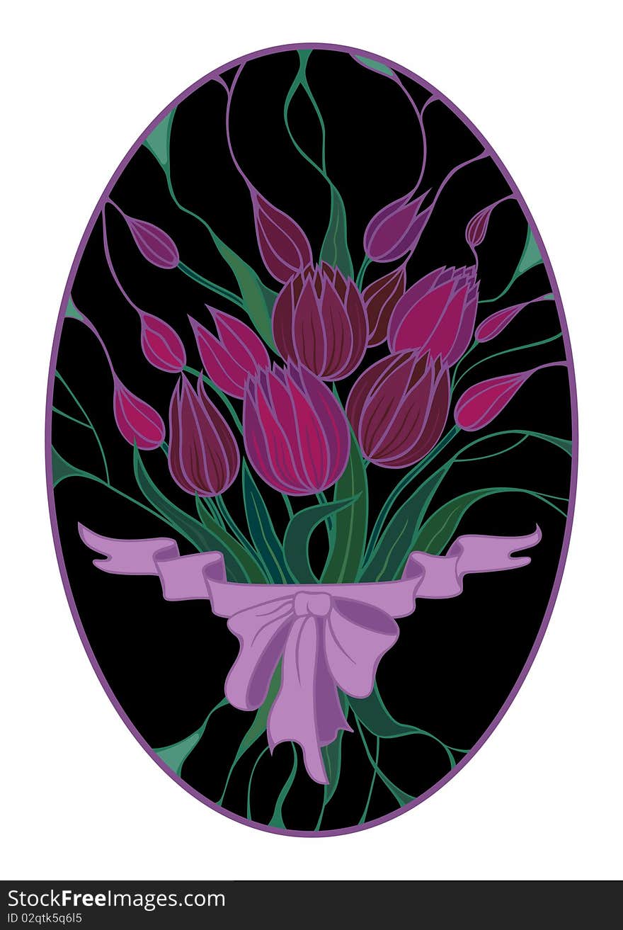 Vinous-lilac flowers with green leaves on the black oval background, clasped by a lilac tape. Vinous-lilac flowers with green leaves on the black oval background, clasped by a lilac tape.