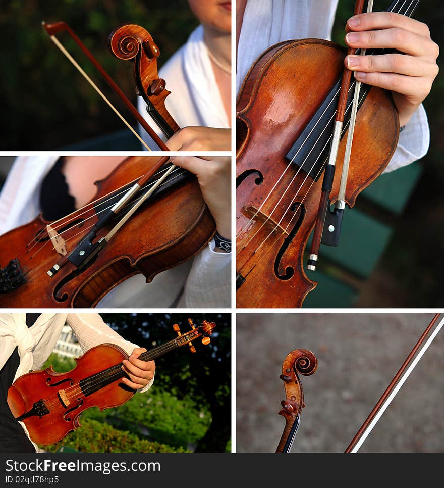 Details of a violinist holding a full-size violin (English/French, 19th century; mock Stradivarius) with Obligato strings. Details of a violinist holding a full-size violin (English/French, 19th century; mock Stradivarius) with Obligato strings