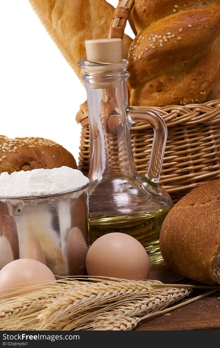 Set of bakery products on wood board