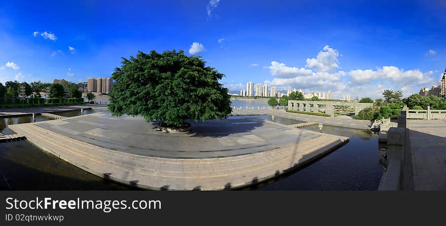 River park with big tree in fuzhou,fujian,China. Panoramas by six pictures. River park with big tree in fuzhou,fujian,China. Panoramas by six pictures