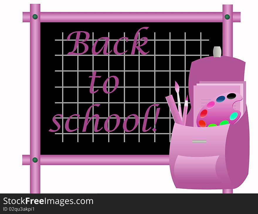 Pink backpack of school and classboard. Pink backpack of school and classboard