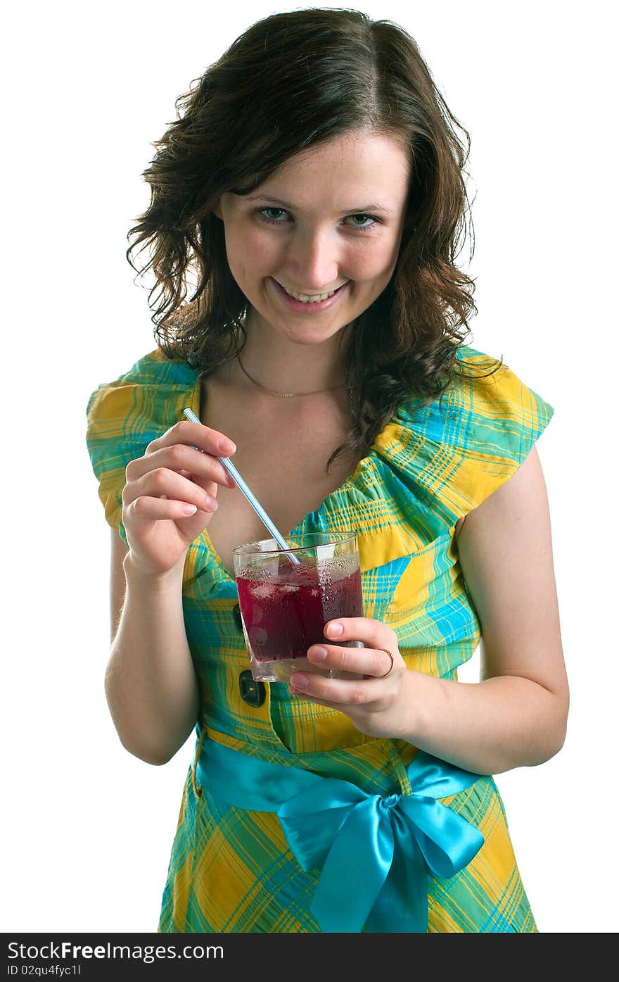 Young girl with a cocktail glass. Isolated on white background