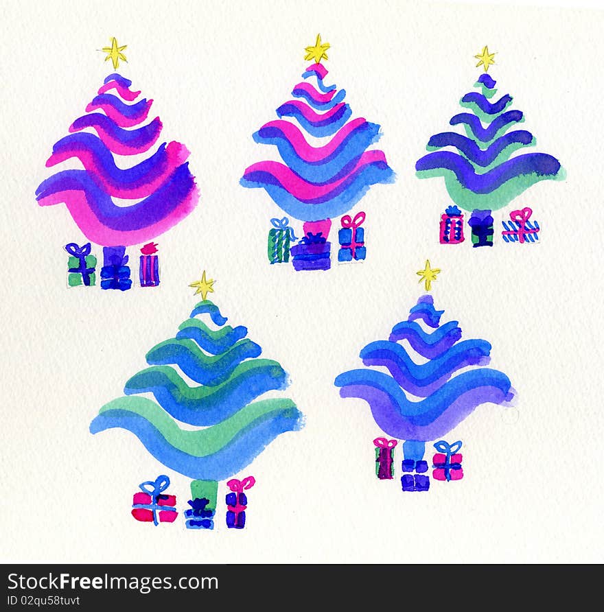 An illustration of five Christmas trees, stylized design in bright colours of pink, purple, green and blue. The trees are different colours and have presents underneath them and a star on top. An illustration of five Christmas trees, stylized design in bright colours of pink, purple, green and blue. The trees are different colours and have presents underneath them and a star on top.