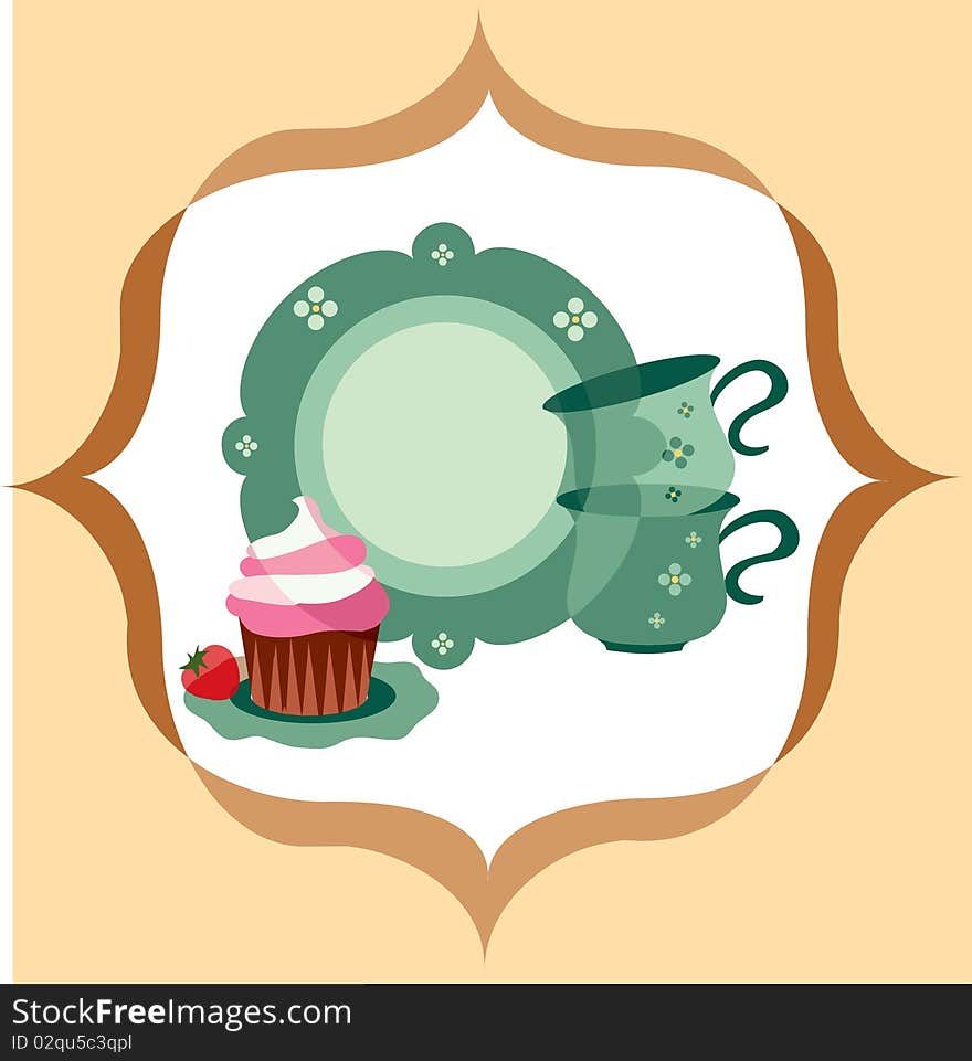 Plate and cups beside dessert on retro background. Plate and cups beside dessert on retro background