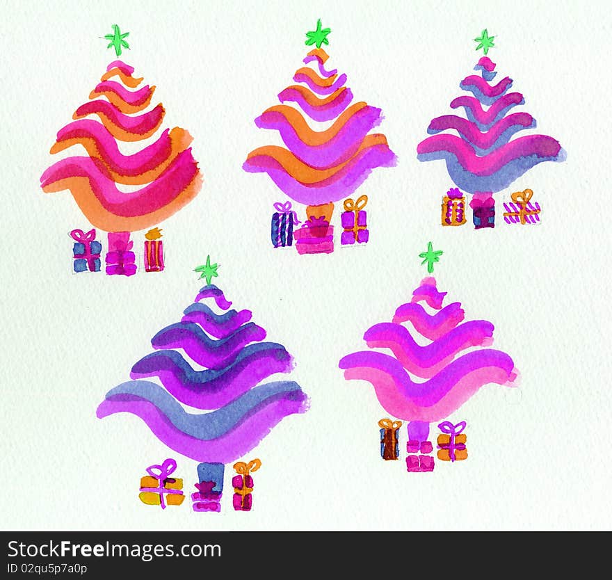 An illustration of five stylized Christmas trees in bright colours of pink. purple, yellow and blue. The trees are different colors and have presents underneath them and stats on top. An illustration of five stylized Christmas trees in bright colours of pink. purple, yellow and blue. The trees are different colors and have presents underneath them and stats on top.