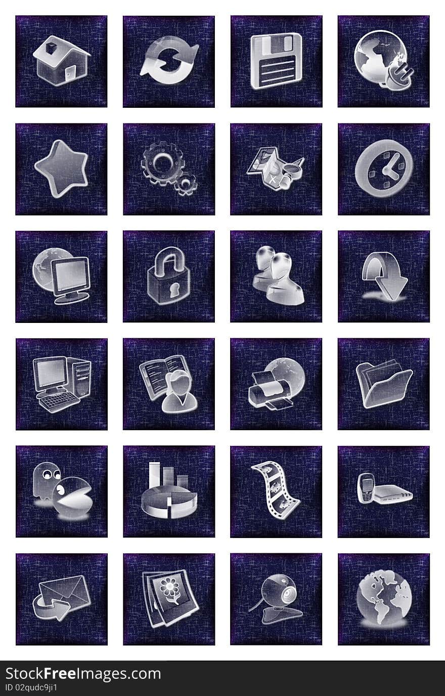 A twenty four icons buttons set for web and print usage in blue. A twenty four icons buttons set for web and print usage in blue