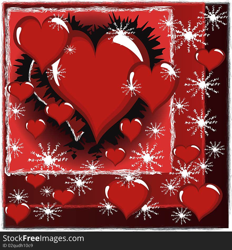 Red background with hearts with snowflakes. Red background with hearts with snowflakes