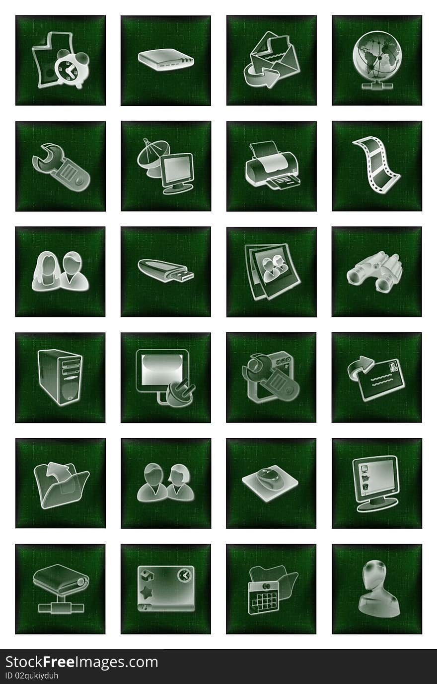 A twenty four icons buttons set in green for web and print usage