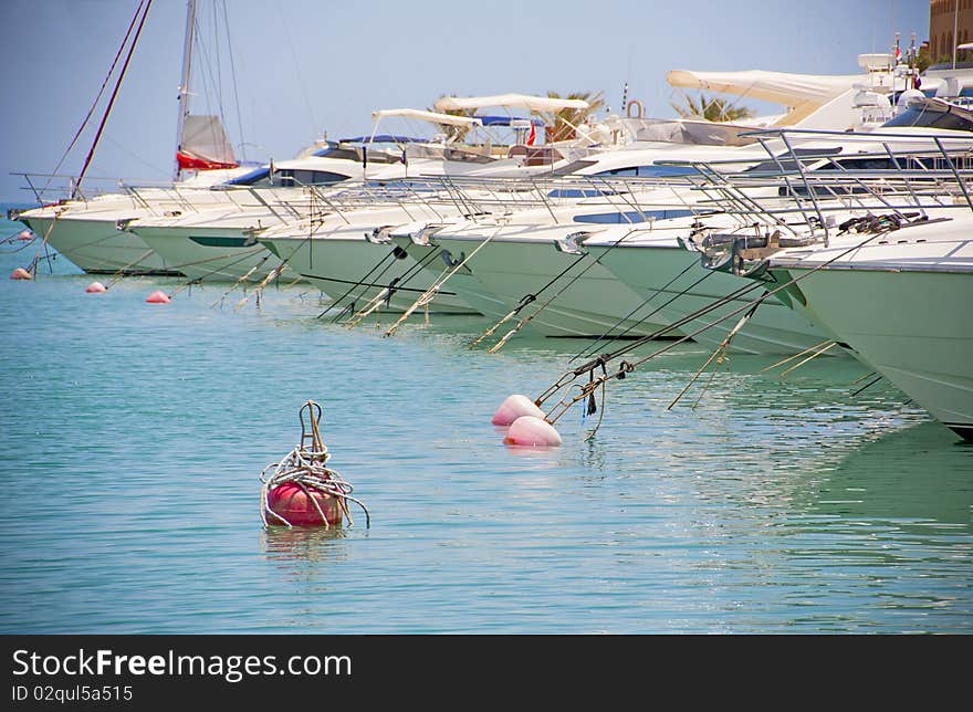 Private motor yachts moored in a tropical marina with a mooring buoy in the foreground. Private motor yachts moored in a tropical marina with a mooring buoy in the foreground