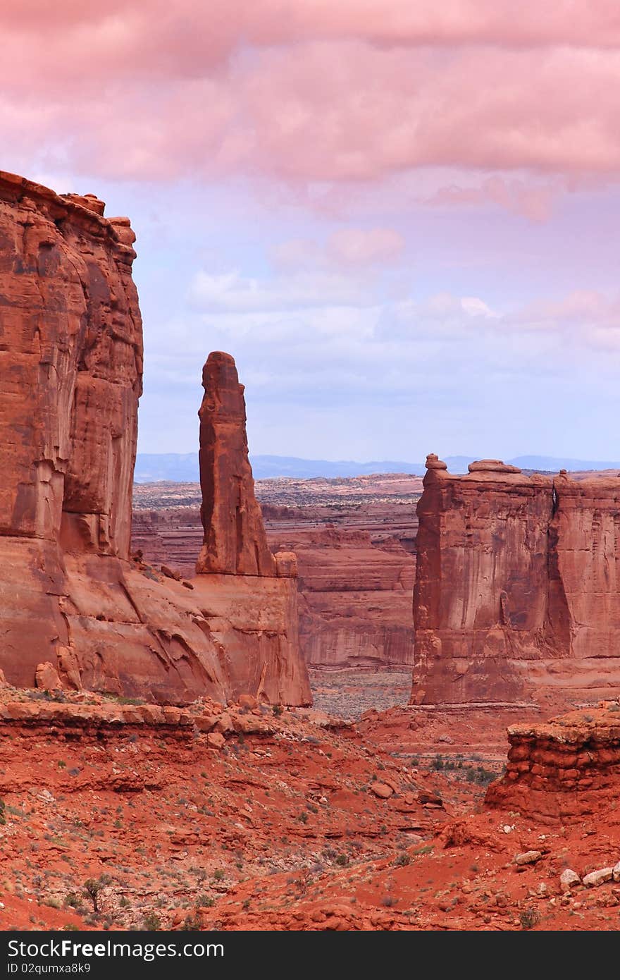 The stunning red rock walls of Park Avenue welcome visitors, Arches National Park in southern Utah's red rock country.