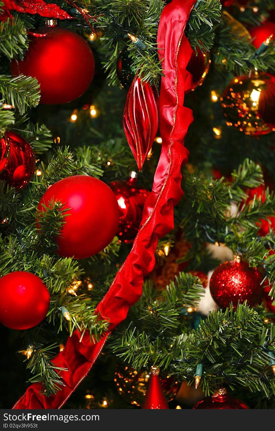 Red christmas tree ornaments hanging. Red christmas tree ornaments hanging.