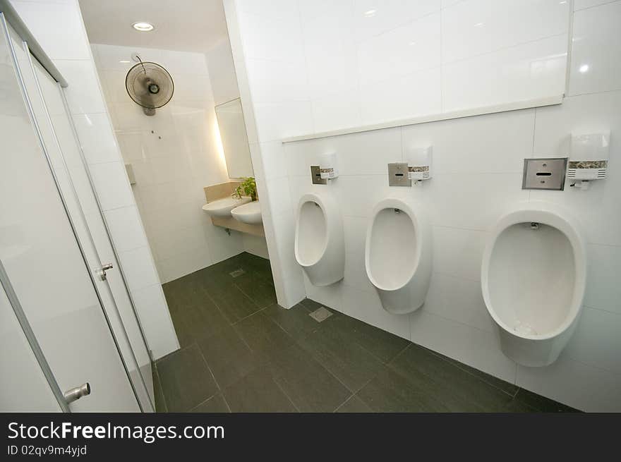 A newly renovated toilet and restroom with sinks, cubicles and urinals. A newly renovated toilet and restroom with sinks, cubicles and urinals.