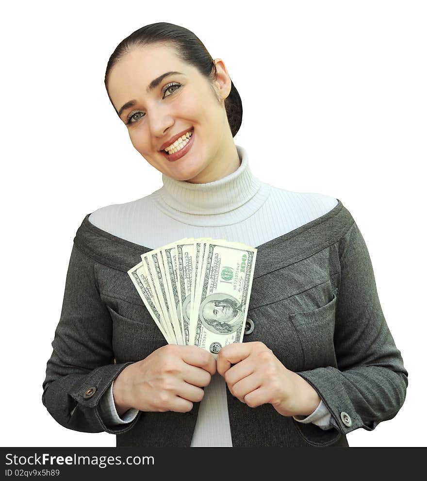 Beautiful smiling business of the lady has control over many money. Beautiful smiling business of the lady has control over many money