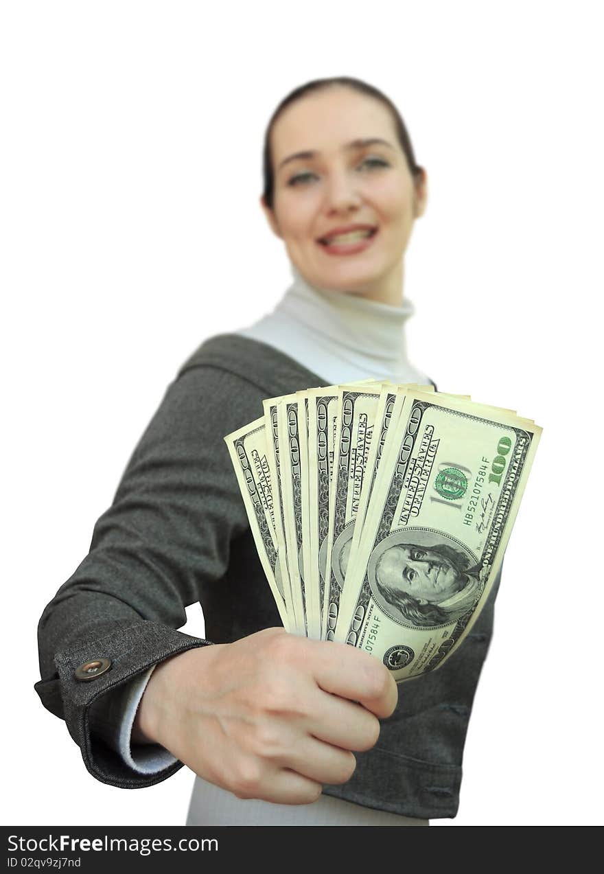 Beautiful smiling business of the lady has control over many money. Beautiful smiling business of the lady has control over many money