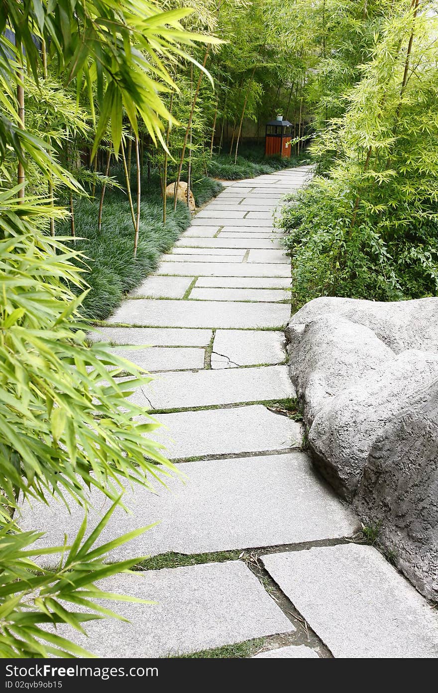 A stone walkway winding its way through a tranquil garden