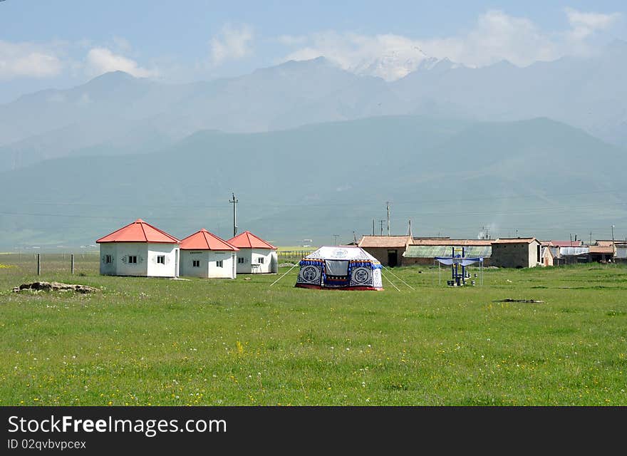 Grasslands of northern China. Mongolian build  yurts on the  grasslands. Grasslands of northern China. Mongolian build  yurts on the  grasslands.