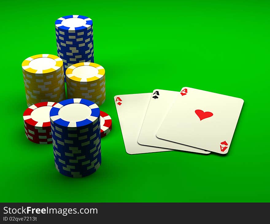 Playing cards with chips. 3d rendered image