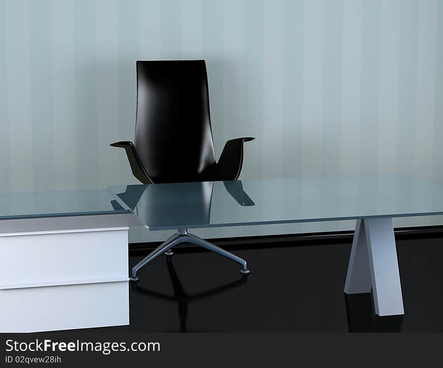 Modern office, black office armchair with glossy table, working place, 3d render/illustration. Modern office, black office armchair with glossy table, working place, 3d render/illustration