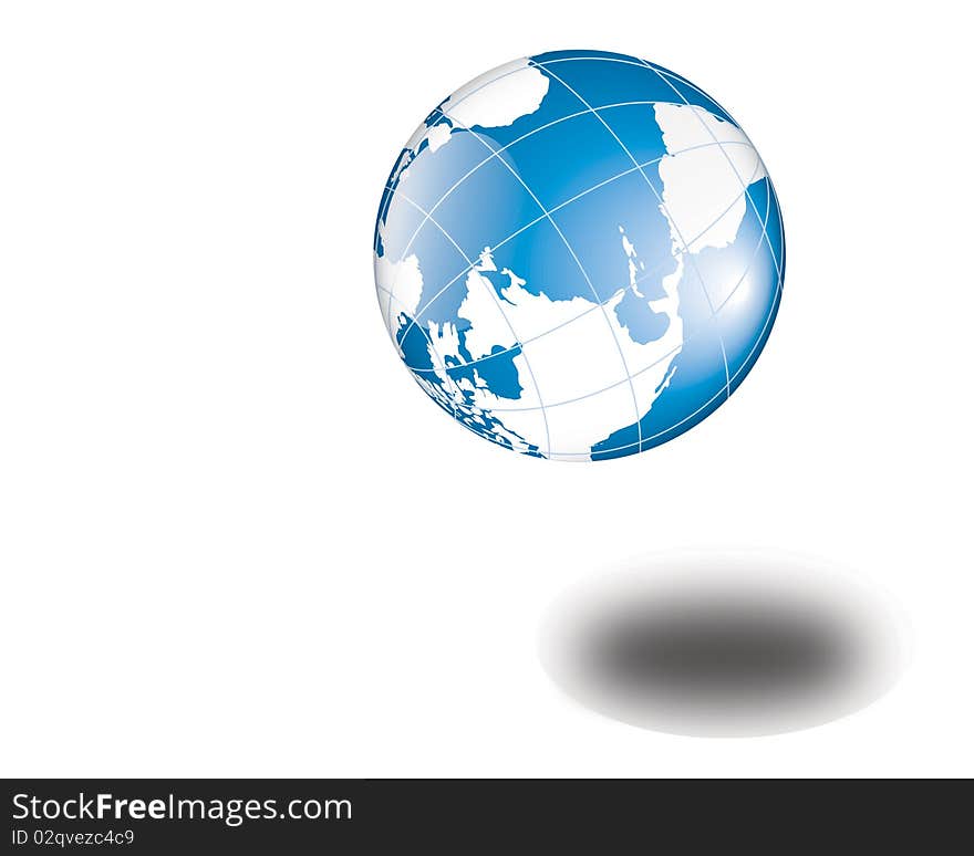 World globe flying with shadow on a white background