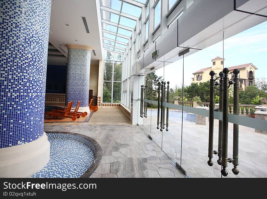 Building lobby, decorative glass doors. Building lobby, decorative glass doors