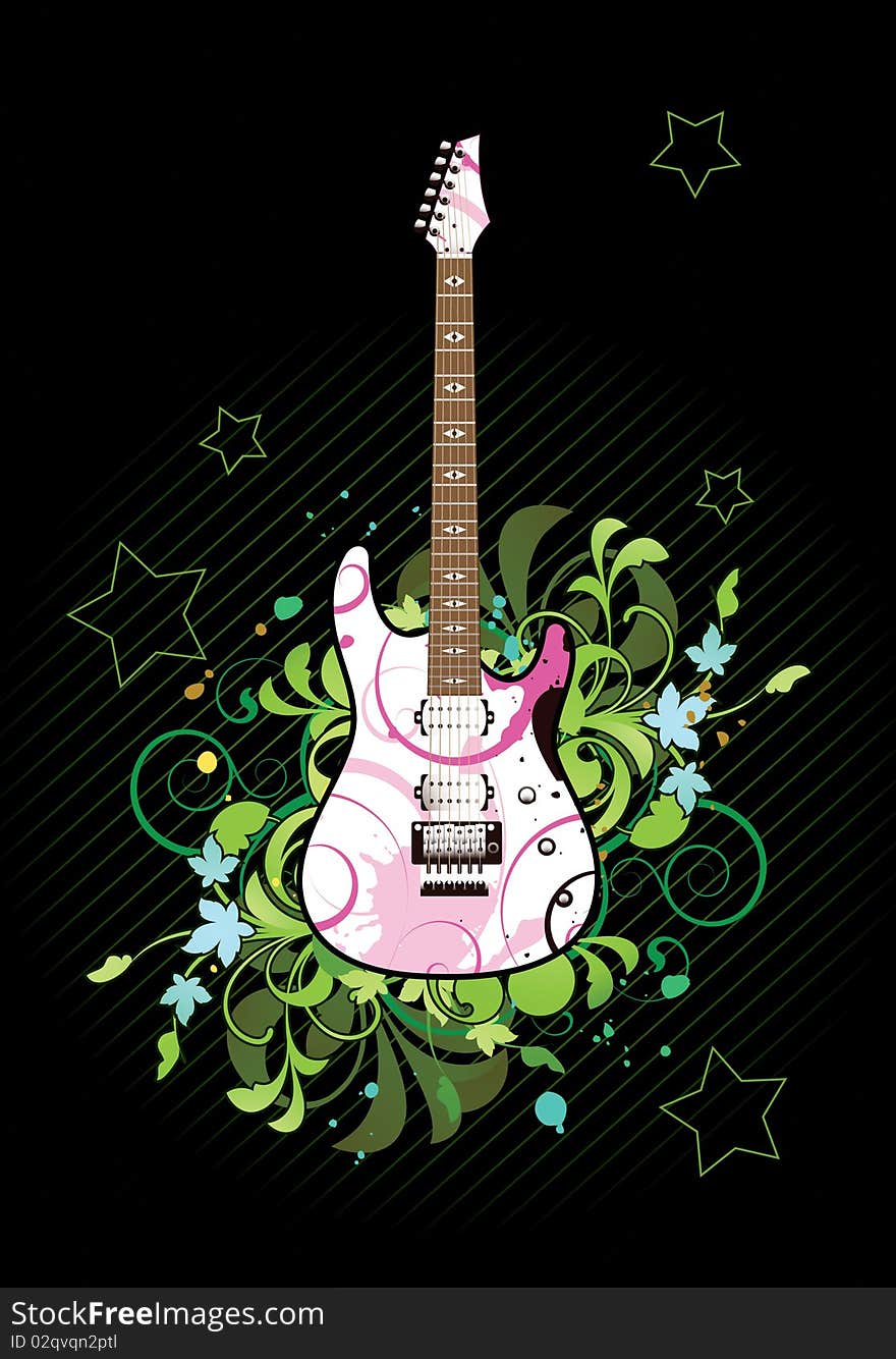 Floral abstract with electric guitar on a black background