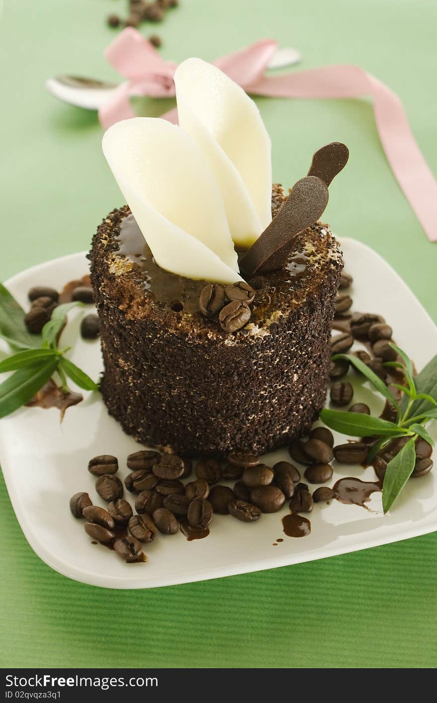 Chocolate cake with coffee bean on plate