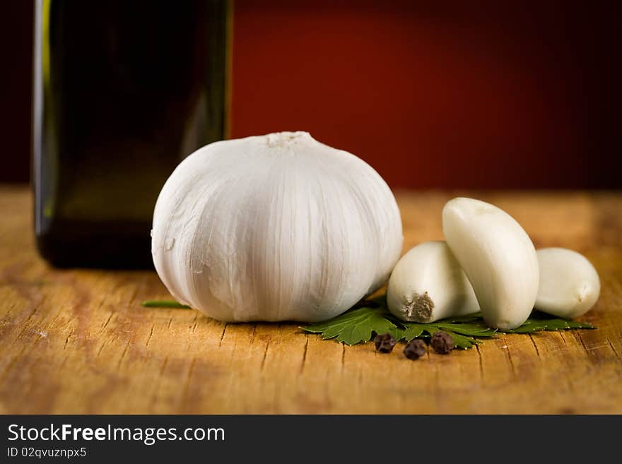 Vintage still life with garlic, pepper