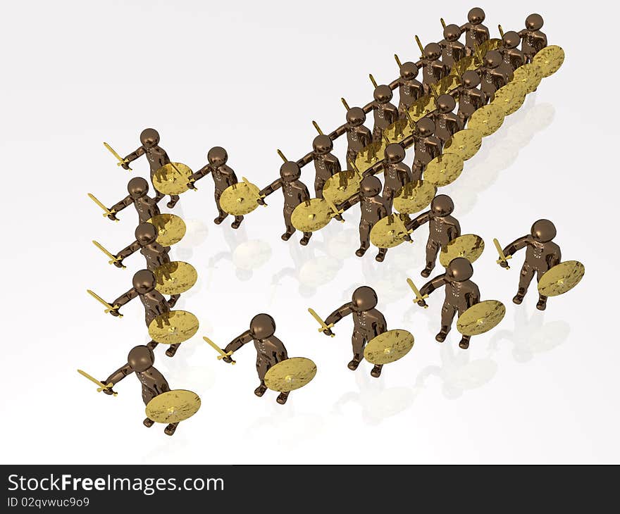 Brown soldiers with gold swords on white reflective background. Brown soldiers with gold swords on white reflective background.